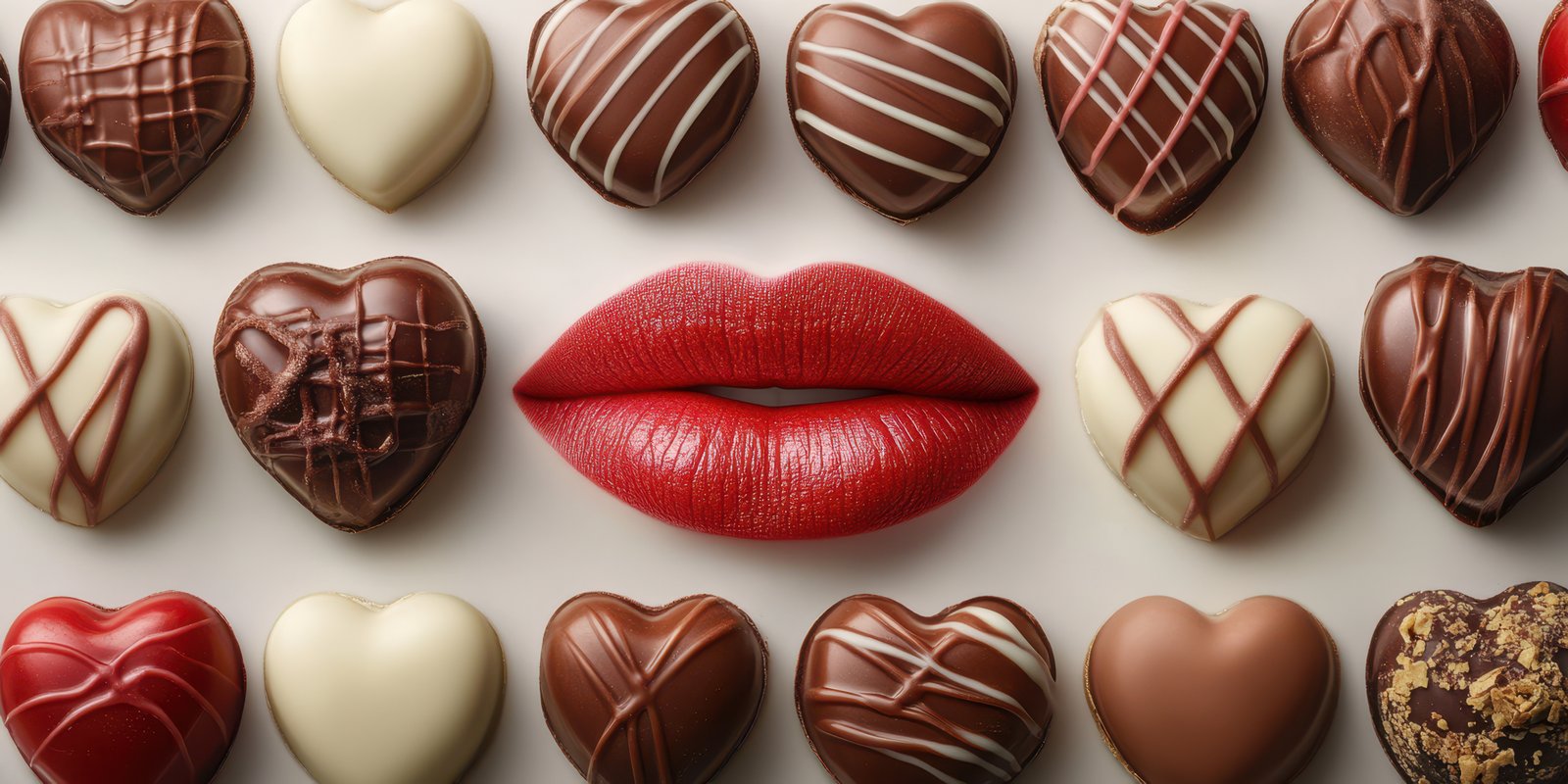 Heart-shaped chocolates and red lips create a romantic atmosphere for love and celebration